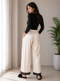 Women Beige Striped Satin Lounge Pants Lace Hem - W-47