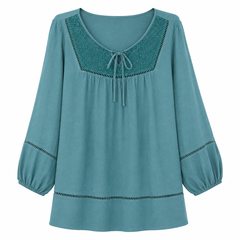 Women's Teal Boho Lace Yoke Tunic - 3/4 Sleeve - W-54