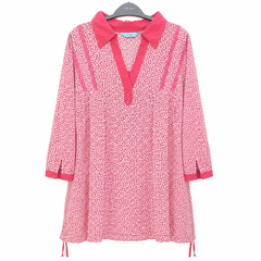 Women's Pink Ditsy Floral Tunic - Shirt Collar, Lace Full Sleeve - W-55
