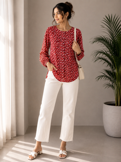 Women's Red LOVE Print Tunic 2 Chest Pocket Button Front - W-52