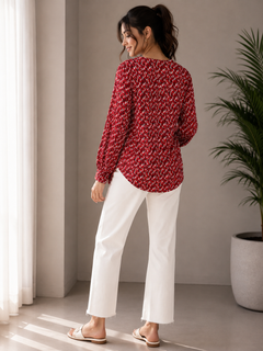 Women's Red LOVE Print Tunic 2 Chest Pocket Button Front - W-52