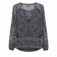 Women's Charcoal Lace Print Georgette Top - Tie Neck, Full Sleeve - W-57