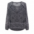 Women's Charcoal Lace Print Georgette Top - Tie Neck, Full Sleeve - W-57