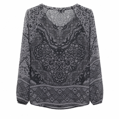 Women's Charcoal Lace Print Georgette Top - Tie Neck, Full Sleeve - W-57