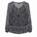 Women's Charcoal Lace Print Georgette Top - Tie Neck, Full Sleeve - W-57