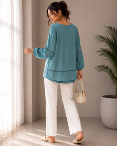 Women's Teal Boho Lace Yoke Tunic - 3/4 Sleeve - W-54