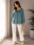 Women's Teal Boho Lace Yoke Tunic - 3/4 Sleeve - W-54