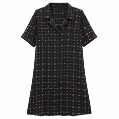 Women's Black Geometric Print Viscose Short Sleeve Button Front - W-58