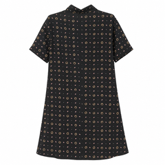 Women's Black Geometric Print Viscose Short Sleeve Button Front - W-58