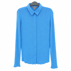 Women's Sky Blue Crinkle Full Sleeve Button Front Relaxed Fit - W-59