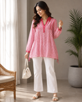 Women's Pink Ditsy Floral Tunic - Shirt Collar, Lace Full Sleeve - W-55