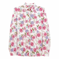 Women's Cream Pink Floral Print Cotton Shirt - Full Sleeve, Button Front - W-60