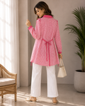 Women's Pink Ditsy Floral Tunic - Shirt Collar, Lace Full Sleeve - W-55