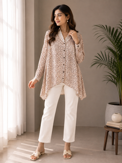 Women's Nude Abstract Print Georgette Tunic - Contrast Polka Dot - W-56