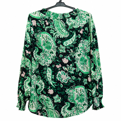 Women's Black Green Paisley Print Georgette Top - Tie Neck, Smocked Cuffs - W-62