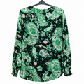 Women's Black Green Paisley Print Georgette Top - Tie Neck, Smocked Cuffs - W-62