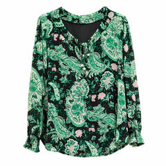 Women's Black Green Paisley Print Georgette Top - Tie Neck, Smocked Cuffs - W-62