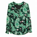 Women's Black Green Paisley Print Georgette Top - Tie Neck, Smocked Cuffs - W-62