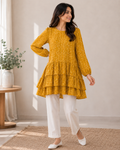 Women's Mustard Polka Dot Tiered Ruffle Dress - Full Sleeve - W-50