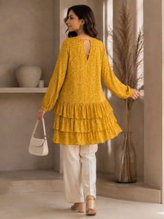 Women's Mustard Polka Dot Tiered Ruffle Dress - Full Sleeve - W-50