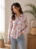 Women's Cream Pink Floral Print Cotton Shirt - Full Sleeve, Button Front - W-60