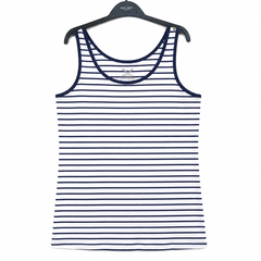 Women's Navy White Stripe Cotton Tank Top - Scoop Neck, Sleeveless - W-68