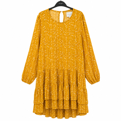 Women's Mustard Polka Dot Tiered Ruffle Dress - Full Sleeve - W-50