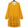 Women's Mustard Polka Dot Tiered Ruffle Dress - Full Sleeve - W-50