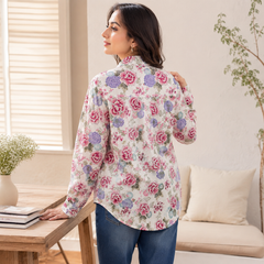 Women's Cream Pink Floral Print Cotton Shirt - Full Sleeve, Button Front - W-60
