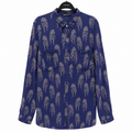 Women's Navy Animal Print Viscose Shirt - Full Sleeve, Button Front, 2 Pockets - W-61