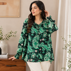 Women's Black Green Paisley Print Georgette Top - Tie Neck, Smocked Cuffs - W-62