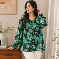 Women's Black Green Paisley Print Georgette Top - Tie Neck, Smocked Cuffs - W-62