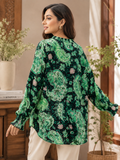 Women's Black Green Paisley Print Georgette Top - Tie Neck, Smocked Cuffs - W-62