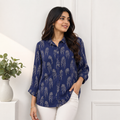 Women's Navy Animal Print Viscose Shirt - Full Sleeve, Button Front, 2 Pockets - W-61