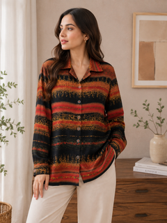 Women's Rust Black Abstract Stripe Viscose Shirt - Camp Collar, Full Sleeve - W-63