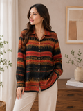 Women's Rust Black Abstract Stripe Viscose Shirt - Camp Collar, Full Sleeve - W-63