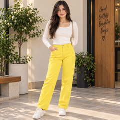 Lemon Yellow Slim Fit Pants With Front Back Pocket - W-127