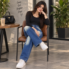 High Waist Distressed Dark Wash Skinny Jeans - W-136