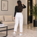 White Straight Fit Stretch Pants With Multi Pocket - W-147
