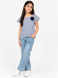 White Striped Tunic Top With Boat Neck Flutter Sleeves - K-43