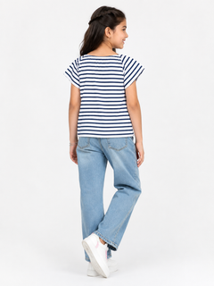 White Striped Tunic Top With Boat Neck Flutter Sleeves - K-43