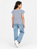 White Striped Tunic Top With Boat Neck Flutter Sleeves - K-43