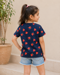 Short Sleeves Round Neck All Over Strawberry Print T-Shirt - K-19