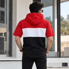 Unique 3-Panel hoodie Color Block - Red Top, White Middle, Blue Bottom - M-168