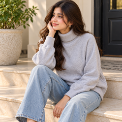 Plain, High Neck, Full Sleeves Ribed Hem &Cuff - W -186