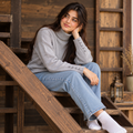 Light Heather Grey High Neck / Turtle Neck Fine Knit Sweater with Button Cuffs-W-155