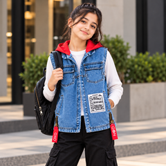 Denim Sleeveless Vest with Red Hoodie - Vetements Style Jacket - K-186