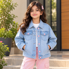 Light Ice Blue Denim Jacket - Pink Button Style - K-205