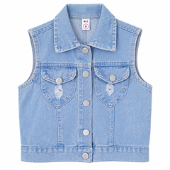 Light Wash Sleeveless Denim Vest - Ripped 2 Front Chest Pockets - K-207
