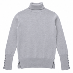 Light Heather Grey High Neck / Turtle Neck Fine Knit Sweater with Button Cuffs-W-155